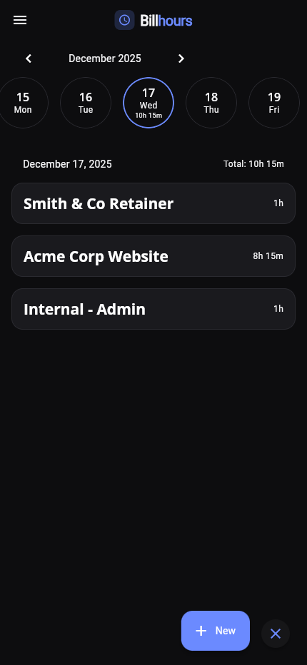 Billhours dashboard showing time entries