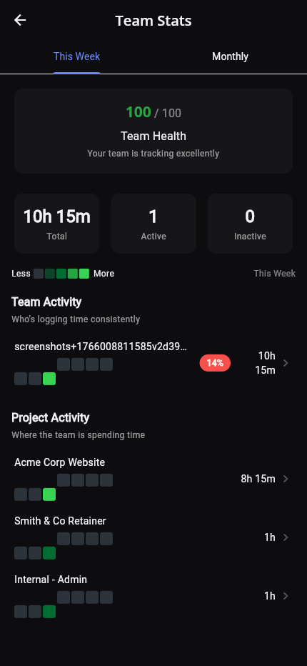 Team activity and hours breakdown